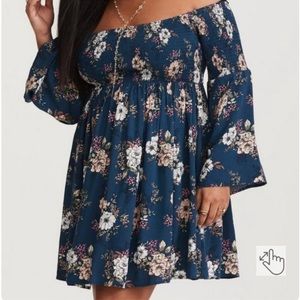 Teal Smocked, off-shoulder dress